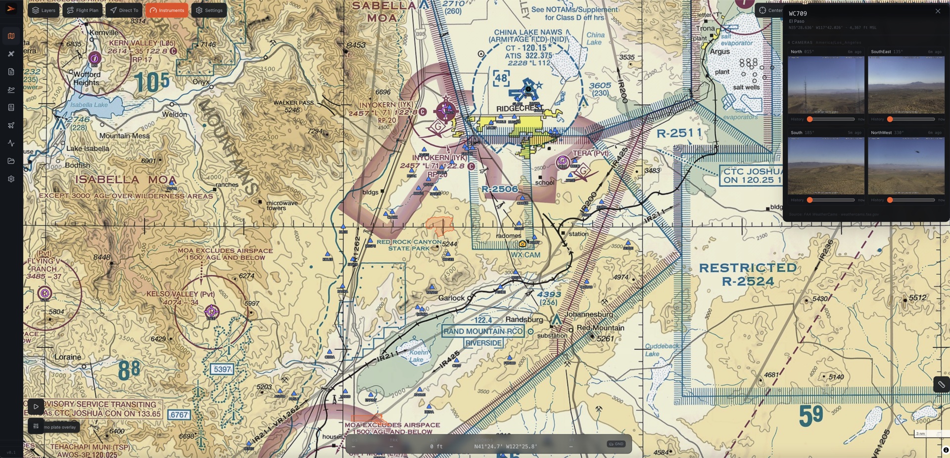 Fyrefly chart view with live FAA weather camera imagery integrated alongside the sectional: four simultaneous camera feeds (N, SE, S, NW) at the El Paso weather-cam site
