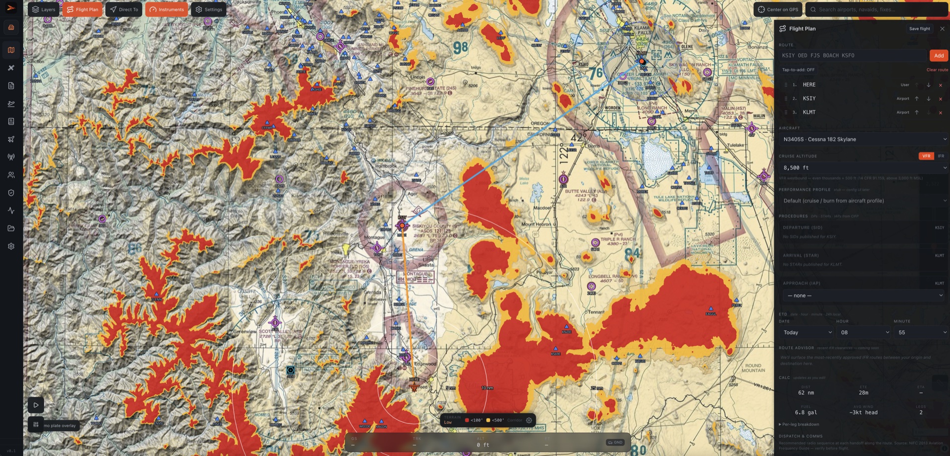 Fyrefly flight-planning view: route from KSIY to KSFO via OED VOR, Cessna 182 performance profile, terrain proximity hazard overlay, and live fuel/wind/ETE calculations